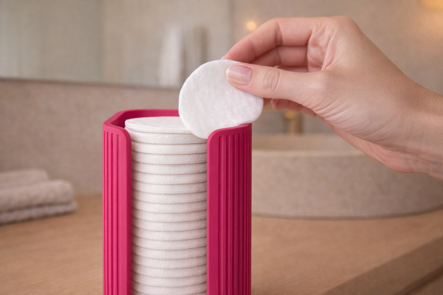 ELARA Premium Wattepads Spender aus Kunststoff – Wiederverwendbarer Wattepad Halter mit geriffeltem Design, Staubschutz & modernem Stil