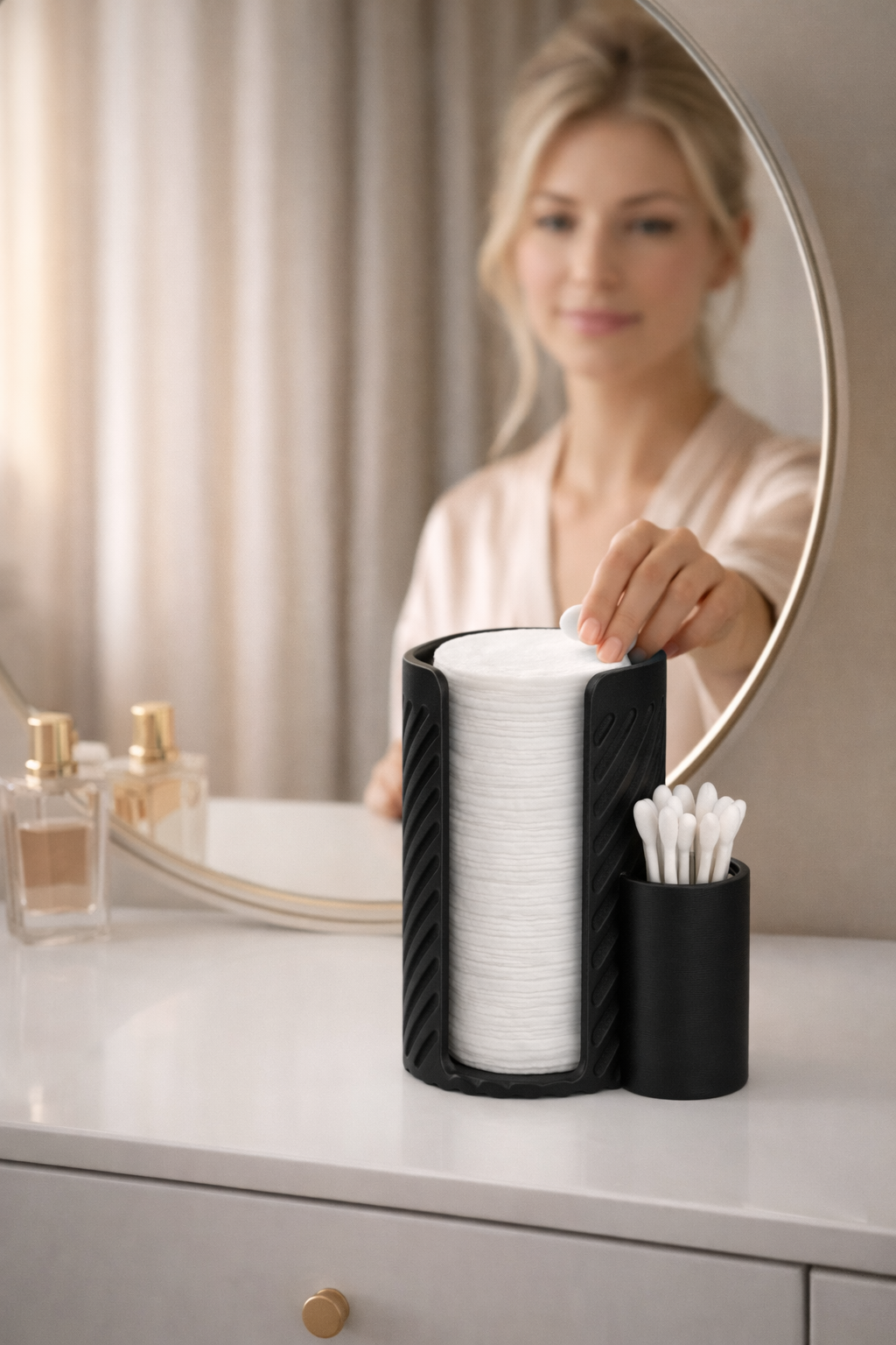 LUMORA Wattepad- & Wattestäbchen-Organizer aus Kunststoff – Stilvolle Aufbewahrungsbox für Badezimmer