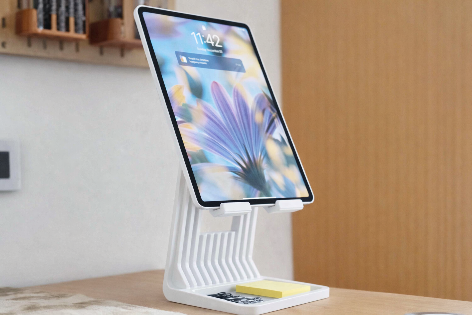 FlexiDock Pro Tablet Ständer mit Ablage – Höhenverstellbarer iPad & Smartphone Halter aus robustem Kunststoff